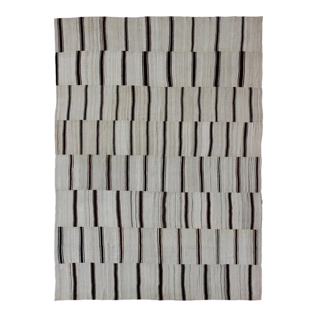 Mid 20th Century Large Vintage Turkish Kilim Rug With Vertical Stripes in Cream and Brown Stripes For Sale