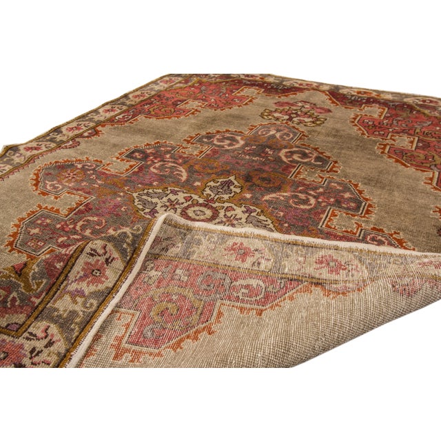 Chinese Mid 20th Century Vintage Chinese Oushak Handmade Brown Medallion Wool Rug For Sale - Image 3 of 11