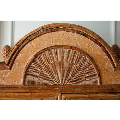 1970's Rattan Etched Wood Safari Armoire Wardrobe Storage Cabinet For Sale - Image 12 of 14