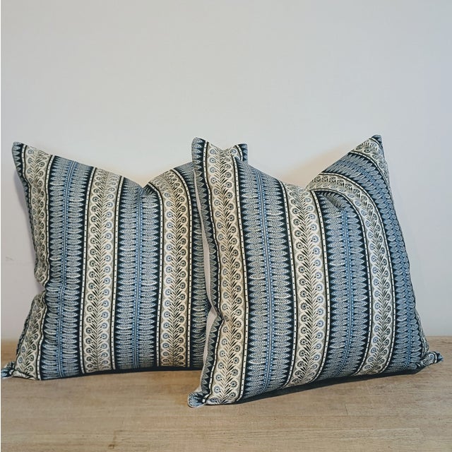 Jasper Eastlake pillows in forest and blue, in 100% hemp. Backs are coordinating cream linen. Invisible zippers and...