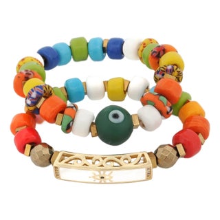 Colorful Protection Evil Eye Charm Ceramic Bracelet Duo For Sale