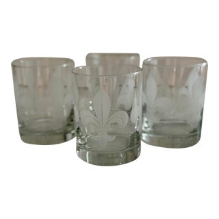 Set of 4 Fleur De Lis Design Double Old Fashioned Glasses by Mignon Faget For Sale