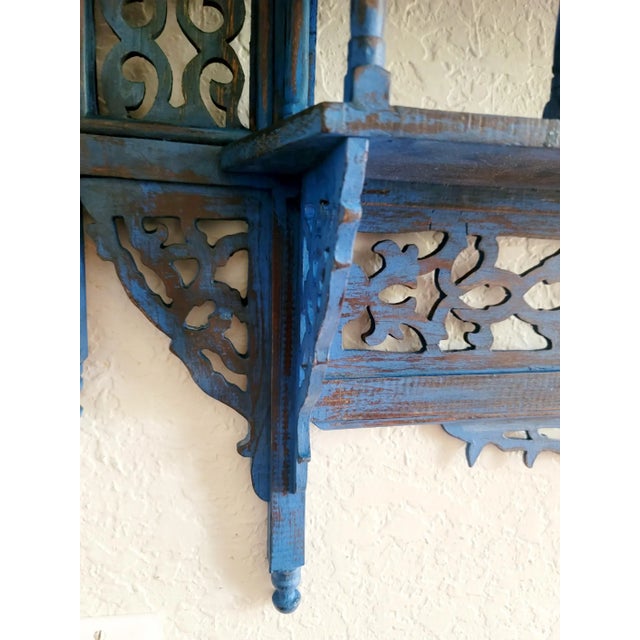 Blue 1980s Vintage Moroccan Musharabi Blue Wooden Wall Shelf For Sale - Image 8 of 9