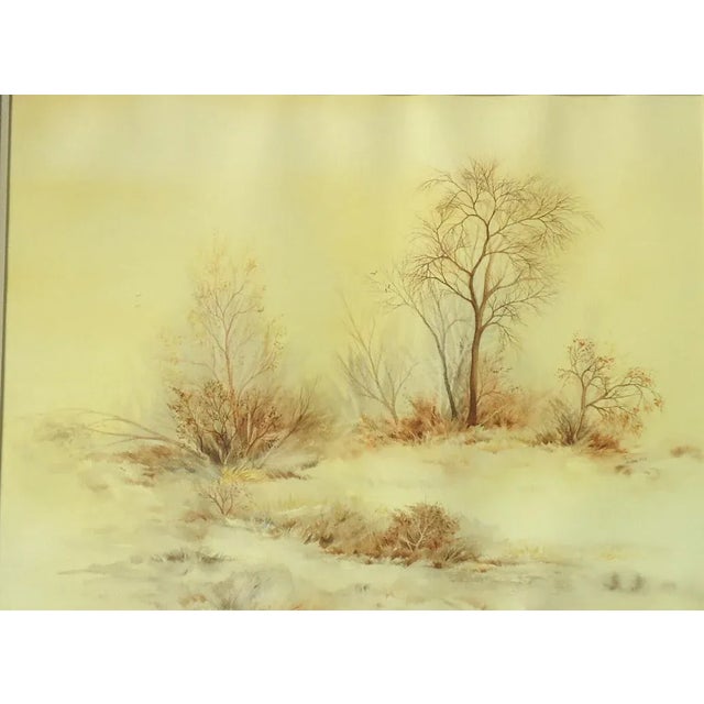 A beautifully and sensitively painted watercolor on paper landscape with trees, titled "Last Light" by Julie Schaefer....