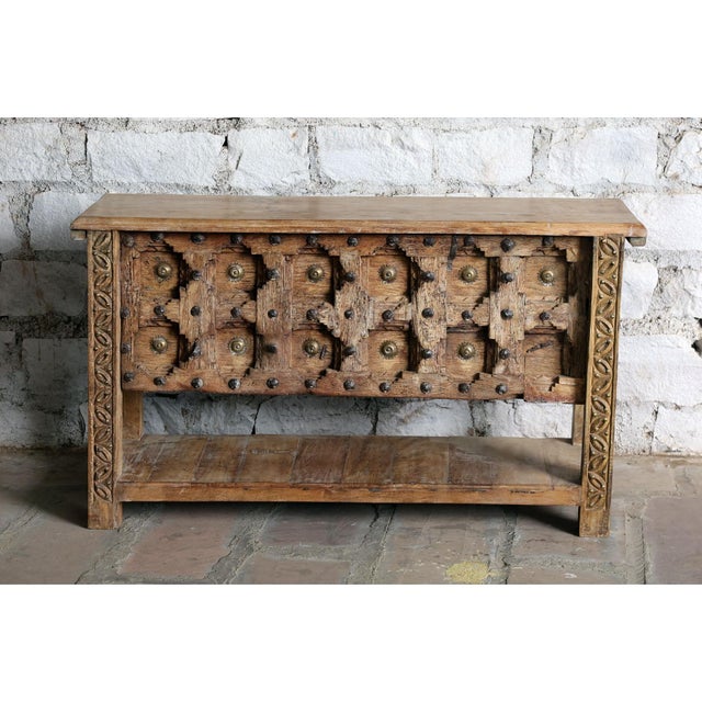 1920s Antique Hand-Carved Door Console Table – Rustic Entryway Hall Table With Vintage Patina For Sale - Image 5 of 6