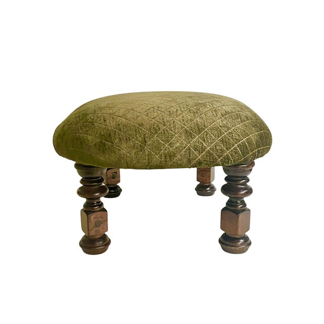 Vintage Moss Green Upholstered Footstool With Turned Legs For Sale - Image 13 of 15