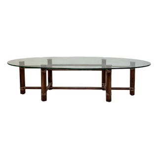 1970s Oval Glass Top Bamboo Rattan Coffee Table For Sale