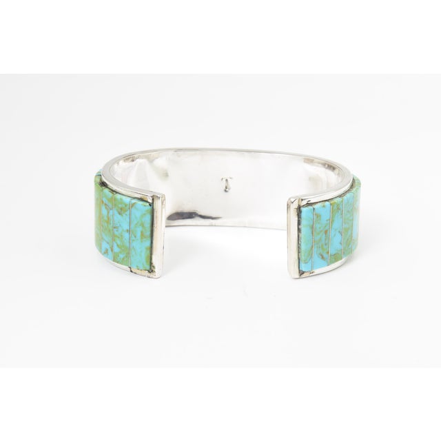 Vintage Teme Southwestern Turquoise Channel Inlay Sterling Silver Cuff for a Man or Large Woman's Wrist For Sale - Image 4 of 11
