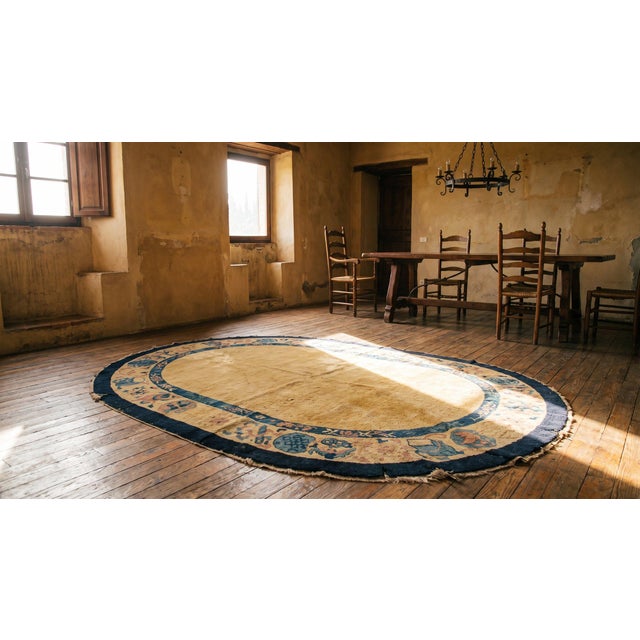 1900s Beige Open Field Geometric Antique Chinese Peking Rug 5'2" X 7'9" Knotted Wool Carpet For Sale - Image 11 of 12