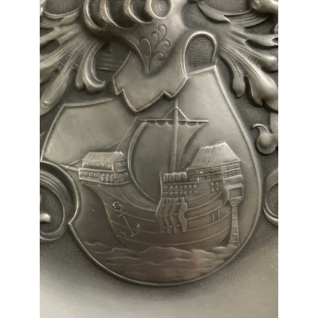 Mid 20th Century Mid-Century European Pewter Heraldic Wall Plate With Ship Crest For Sale - Image 5 of 12