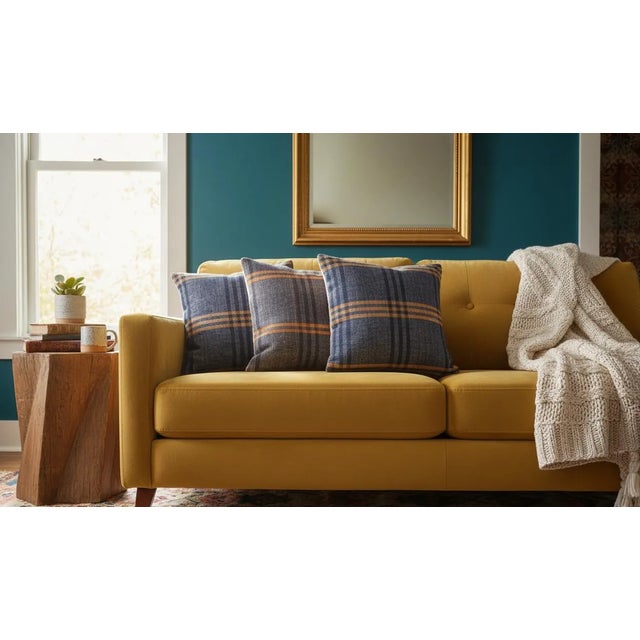 Farmhouse Set of 3 Vintage Handwoven Indigo Stripe Pillows – 16x16 For Sale - Image 3 of 17