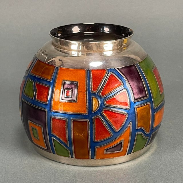 Late 20th Century Vintage Late 20th Century Miguel Pineda Champleve Enamel Colorful Geometric Vase For Sale - Image 5 of 13