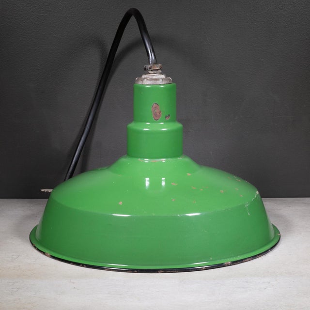 Vintage 18" Enameled Porcelain Green Industrial Pendant Lights c.1930-Set of 3 For Sale - Image 12 of 16