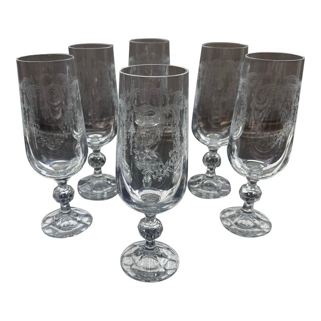 1950s Set of 6 Vintage Etched Crystal Champagne Glasses For Sale