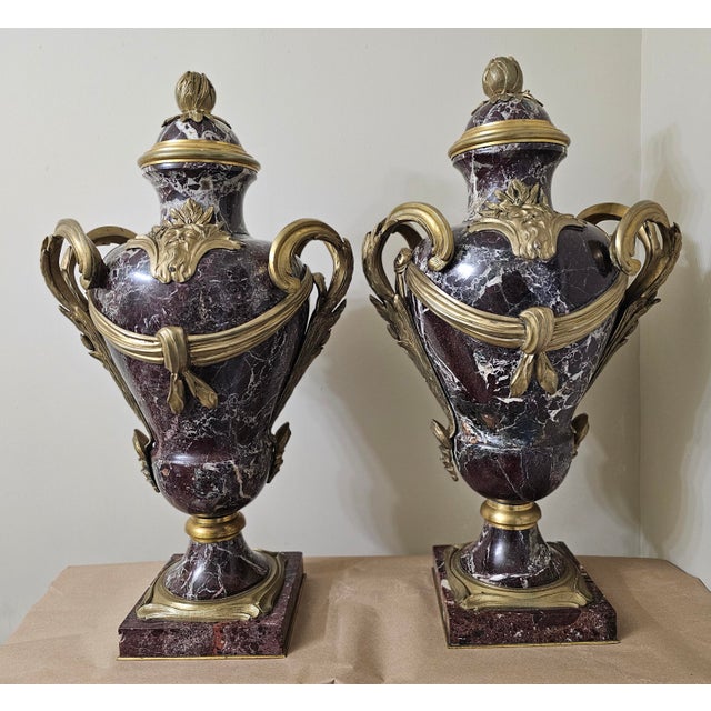 A Magnificent pair of French Louis XVI Neoclassical style mottled lavender marble with gilt-bronze mounts, circa early...