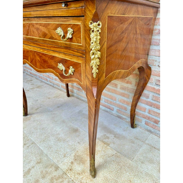 1930s French Louis XV Style Marquetry Bureau With Brass Mounts For Sale - Image 11 of 11