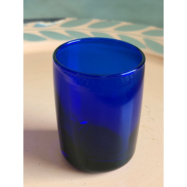 Art Deco Style Cobalt Blue Glasses, Set of 7 Hand Blown Lowball Glassware Set For Sale - Image 12 of 16