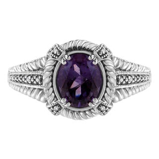.925 Sterling Silver Prong Set Natural Oval Shape 9X7 MM Purple Amethyst Solitaire and Diamond Accent Ring (I-J Color, I1-I2 Clarity) - Ring Size 6 For Sale