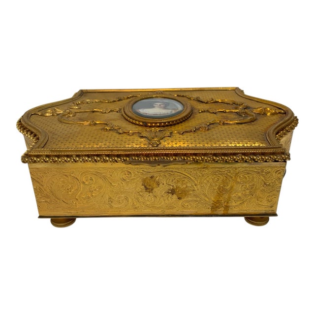 Late 19th Century Antique French Gilt Metal Rococo Revival Jewelry Casket With Portrait Miniature France C. 1890–1920 For Sale - Image 5 of 6