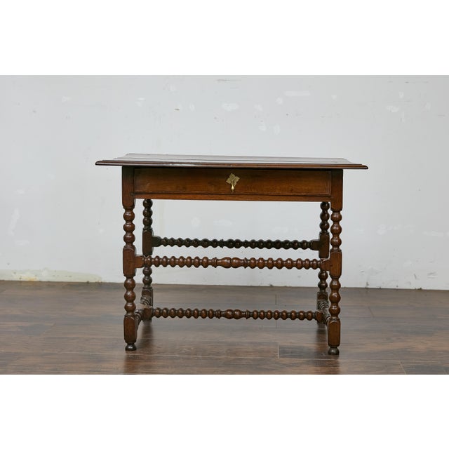 19th Century 19th Century English Bobbin Leg Oak Side Table with Drawer and H Form Stretcher For Sale - Image 5 of 12