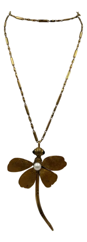 Gold-toned Brass Pearl Dragonfly Statement Necklace