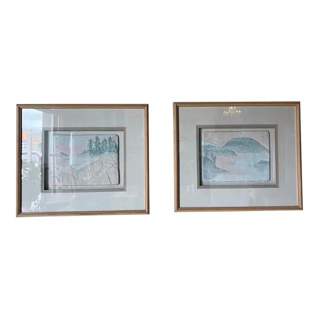 1980's F. McLain " Island Sound " Sculptural Ceramic Landscape Wall Art - Harrison Strong Gallery - a Pair For Sale