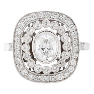 Art Deco Style Double Halo Engagement Ring, Platinum and Diamonds, Size 3.5 For Sale