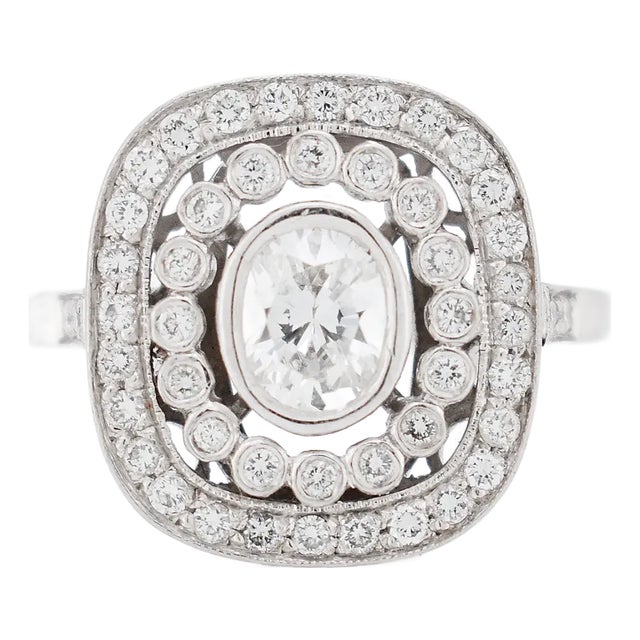 Art Deco Style Double Halo Engagement Ring, Platinum and Diamonds, Size 3.5 For Sale