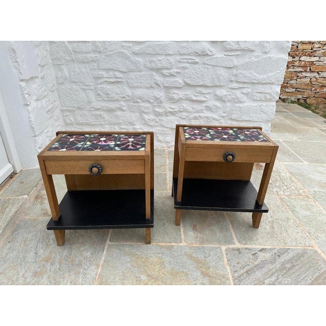Bedside Tables in Oak & Ceramics by Guillerme et Chambron, France, 1960s, Set of 2 For Sale - Image 10 of 18