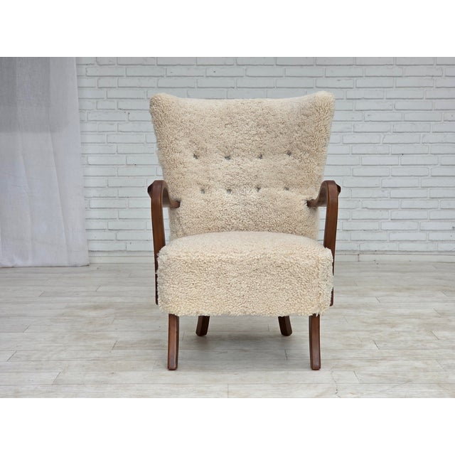 Wood Danish High-Backed Armchair in Sheepskin by Alfred Christensen for Slagelse Møbelværk, 1960s For Sale - Image 7 of 18