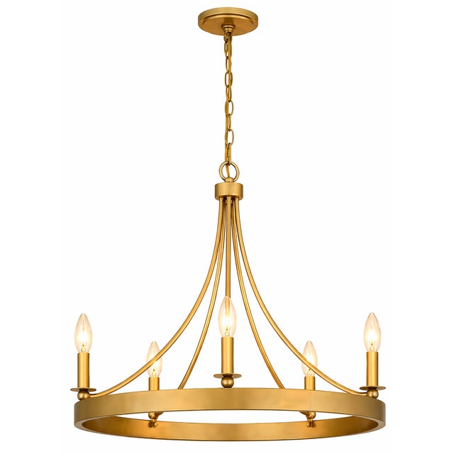 Aspyn five-light chandelier featuring a 26" round form with a soft light gold finish designed to evoke the luster of...