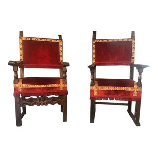 Antique Spanish Carved and Upholstered Arm Chairs - a Pair For Sale