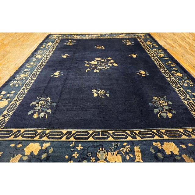 Chinese 1920s Blue Navy Vase Floral Antique Chinese Peking Carpet Knotted Wool Deco Rug For Sale - Image 3 of 10