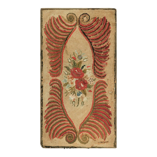 Antique Hooked Rug in Beige-Brown With Colorful Floral Medallion | Rug & Kilim For Sale