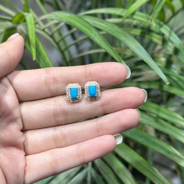 Contemporary 14k Yellow Gold 1.34ct Turquoise Cabochon Diamond Double Halo Stud Earrings- A Pair For Sale - Image 3 of 15