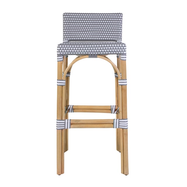 2020s Serienna 30 in. Seat Height Rectangular Rattan Low Back Bar Stool, Gray/White Dot / Natural Rattan Frame For Sale - Image 5 of 9