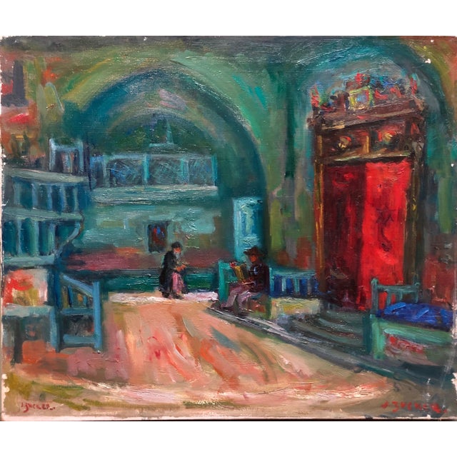 Post Impressionist Jacques Zucker, Synagogue Interior Jerusalem French Judaica Oil Painting Israeli Bezalel School For Sale - Image 3 of 7