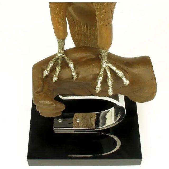 Silver Carved Wood & Silver Sculpture of Raptor Bird on Falconer's Hand For Sale - Image 8 of 9