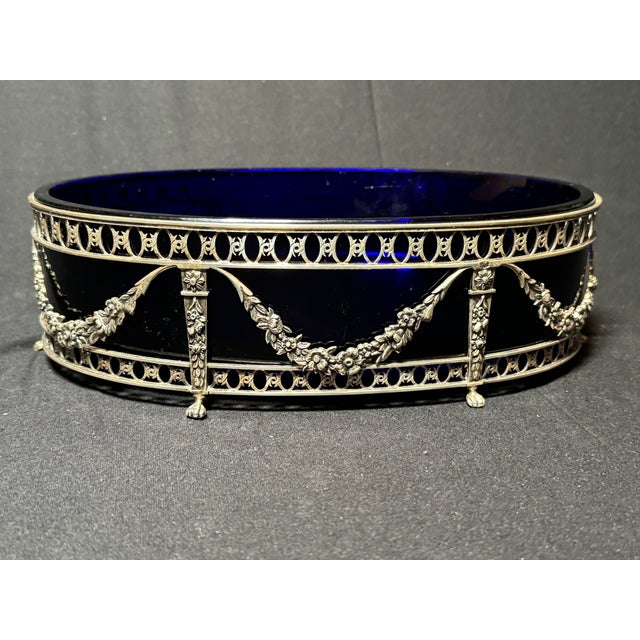 19thC Louis XVI Dutch Silver Jardiniere With Blue Glass For Sale - Image 9 of 11
