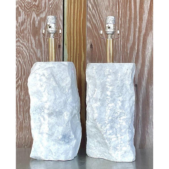 Elevate your home decor with this pair of vintage Boho Cut Marble Lamps, blending Bohemian flair with timeless American...