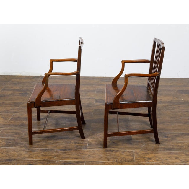 Brown Pair of English Early 19th Century Plank Seat Chairs with Scrolling Arms For Sale - Image 8 of 12
