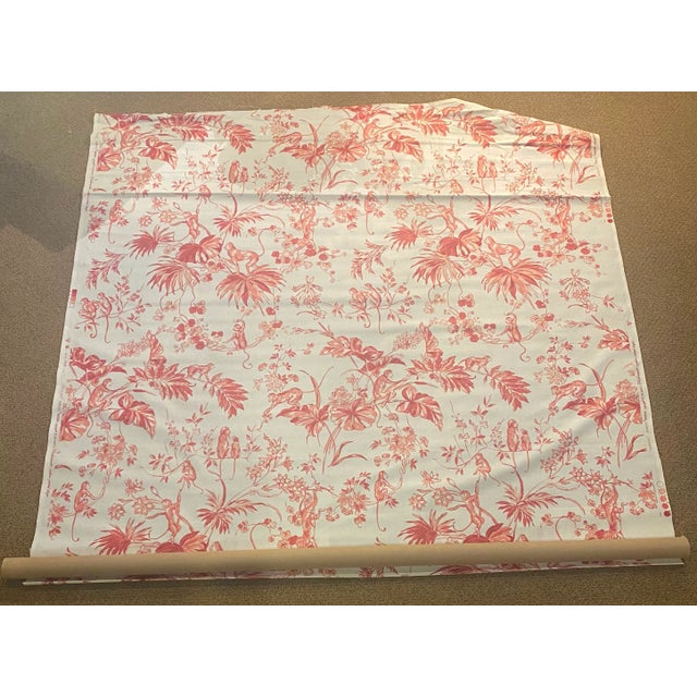 Scalamandre "Ouistiti" vintage monkey / botanical print fabric in red on a white ground. Glazed cotton fabric is 54" wide...