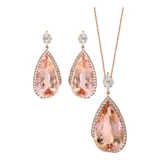 200 Carat Natural Morganite and Diamond Cocktail Earring and Pendant Set 18K PG For Sale