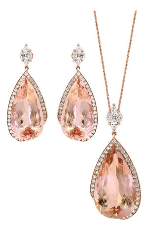 200 Carat Natural Morganite and Diamond Cocktail Earring and Pendant Set 18K PG