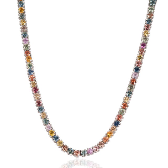 Not Yet Made - Made To Order 925 Silver 20.81 Ct Rainbow Multi Sapphire Rivière Tennis Necklace 18.5 Inch - Christmas Gift For Sale - Image 5 of 13