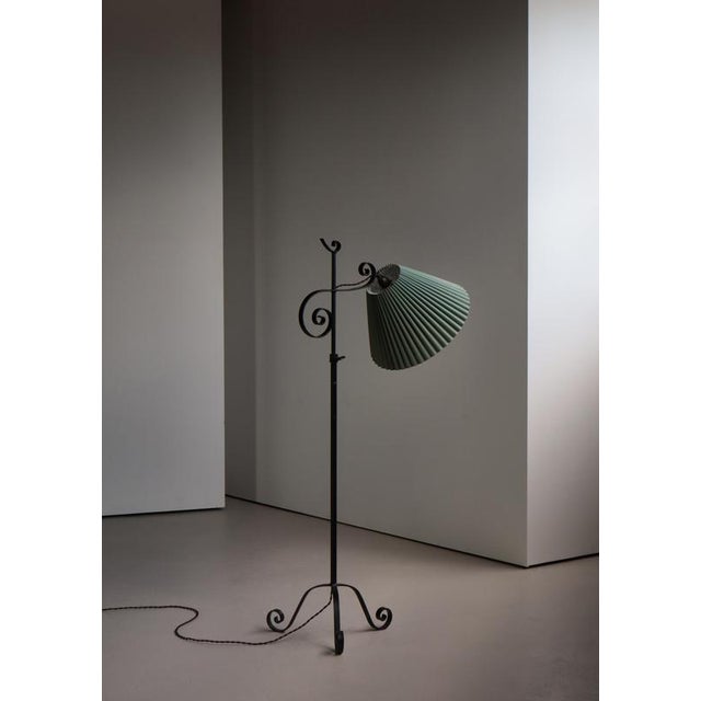 Art Deco Scandinavian Floor Lamp in Wrought Iron with Pleated Shade, 1930s For Sale - Image 3 of 17