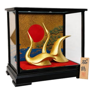Large Japanese Kanazawa Gold Leaf Twin Crane Sculpture in Glass Case Vintage For Sale
