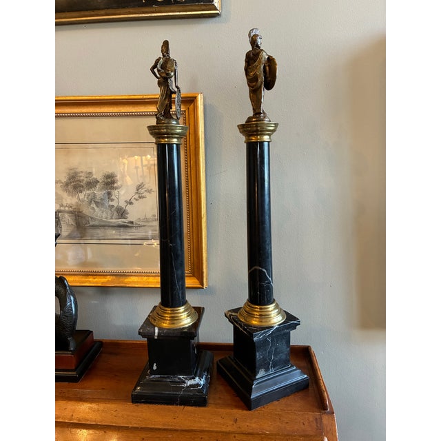 Metal Pair of Grand Tour Marble Column Statues With Neoclassical Figures, Late 1800’s For Sale - Image 7 of 11