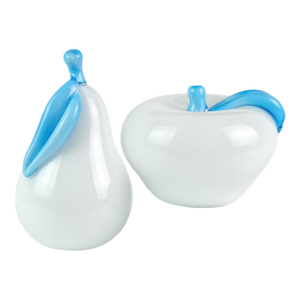 Murano Vintage White Sky Blue Italian Art Glass Pear and Apple Fruit Sculpture Paperweights - Set of 2