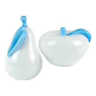Vintage Murano White Sky Blue Italian Art Glass Pear and Apple Fruit Sculpture Paperweights - Set of 2 For Sale